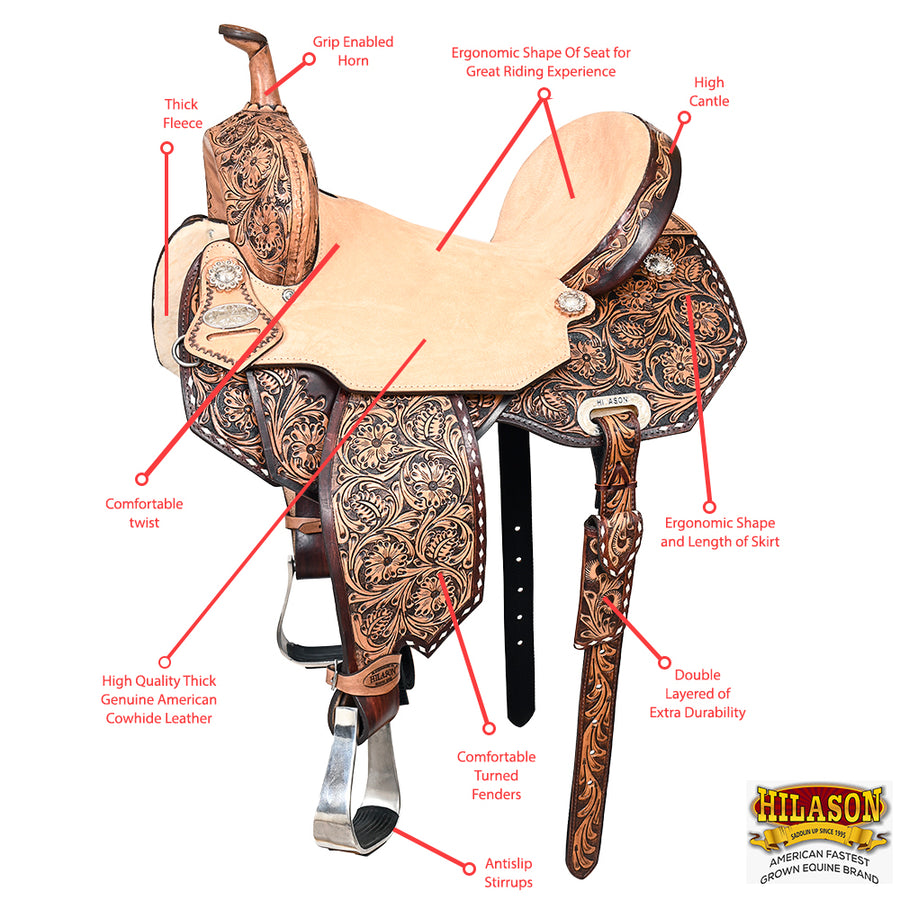 HILASON Flex Tree Western Horse Saddle in American Leather Barrel Trail | for Horses