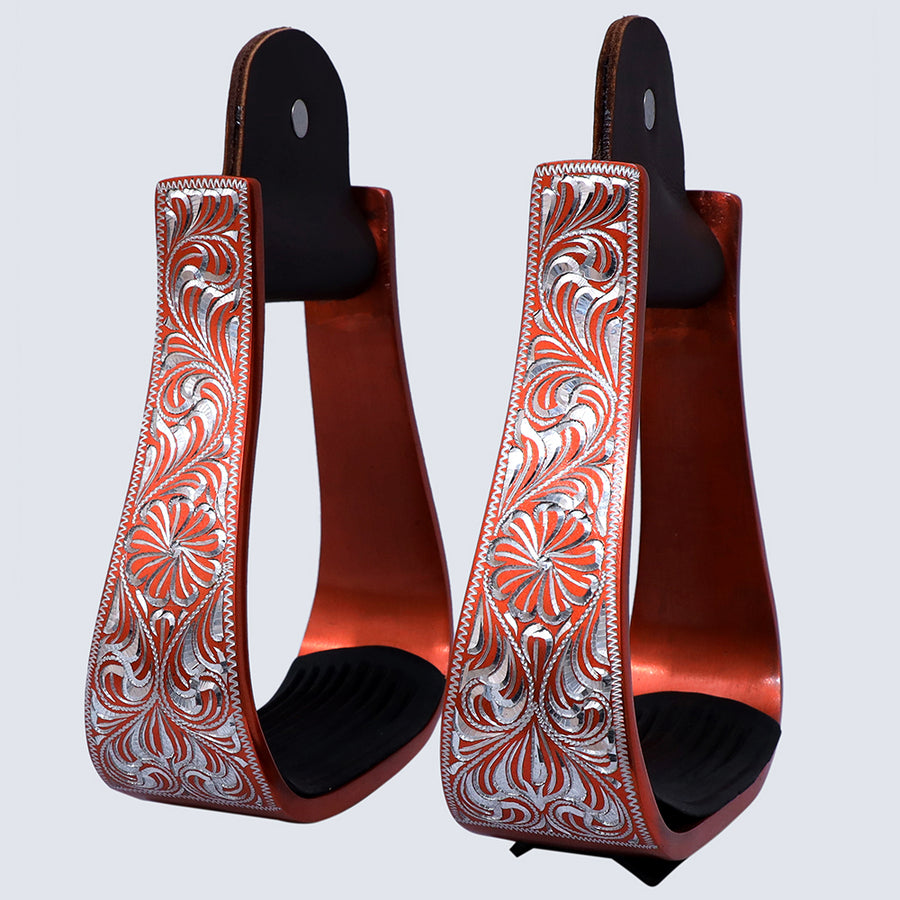 Hilason Western Aluminum Horse Riding Stirrups – Engraved Floral Design with Rubber Tread