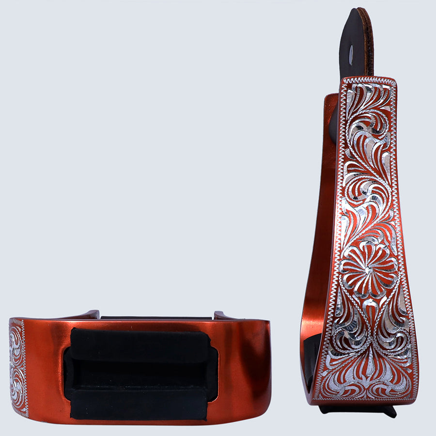 Hilason Western Aluminum Horse Riding Stirrups – Engraved Floral Design with Rubber Tread