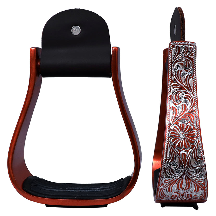 HILASON 3" Neck Western Aluminium Horse Stirrups Floral Engraved Red - Uhorse