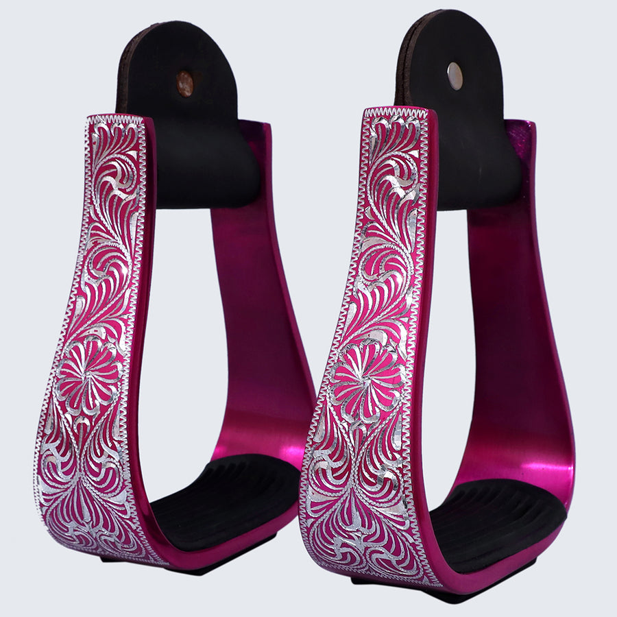 Hilason Western Aluminum Horse Riding Stirrups – Engraved Floral Design with Rubber Tread
