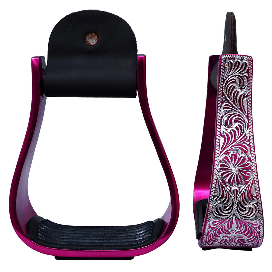 HILASON 3" Neck Western Aluminium Horse Stirrups Floral Engraved Pink - Uhorse