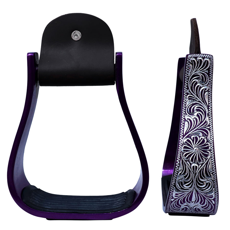 HILASON 3" Neck Western Aluminium Horse Stirrups Floral Engraved Purple - Uhorse