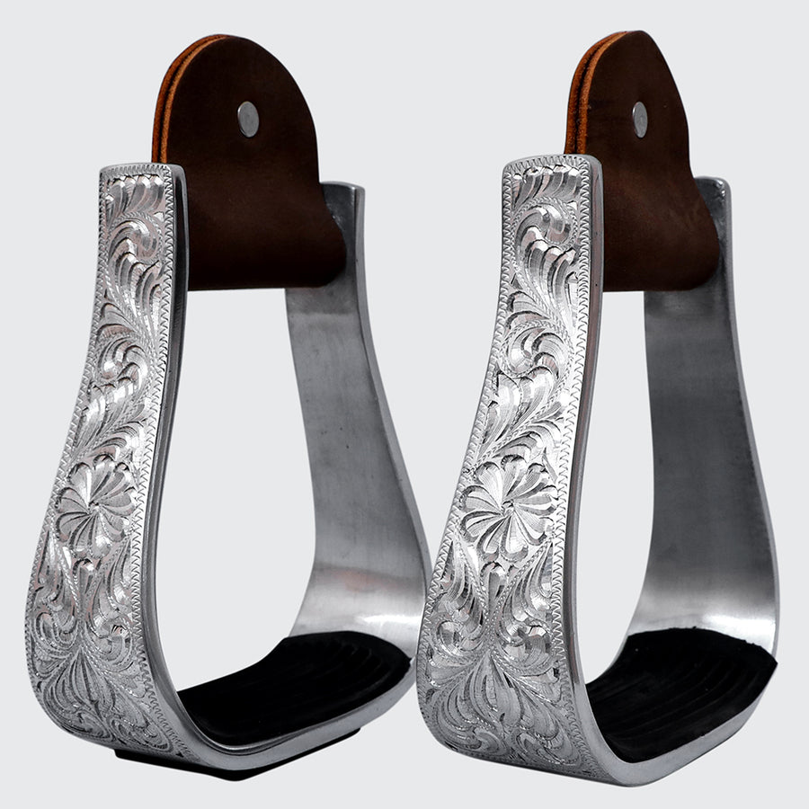 Hilason Western Aluminum Horse Riding Stirrups – Engraved Floral Design with Rubber Tread