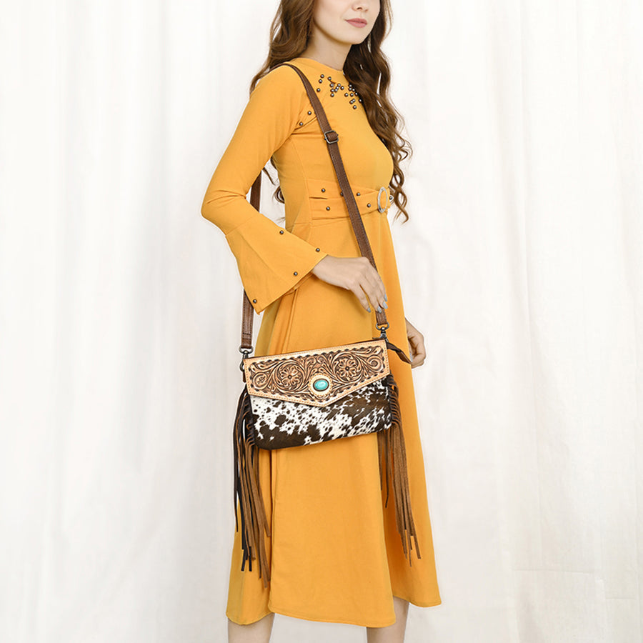 American Darling Western Envelop Bag Handcrafted from Hair-On Cowhide & Hand-Tooled Leather | Long Fringe & Turquoise Concho Accent