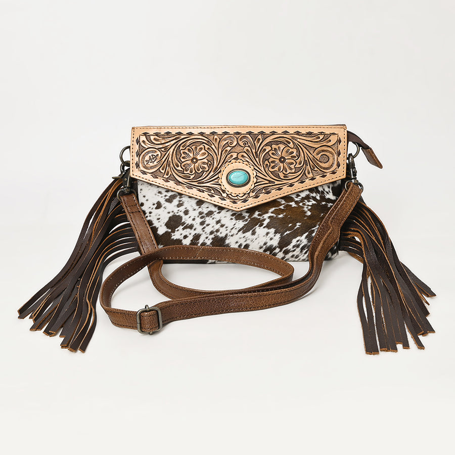 American Darling Western Envelop Bag Handcrafted from Hair-On Cowhide & Hand-Tooled Leather | Long Fringe & Turquoise Concho Accent
