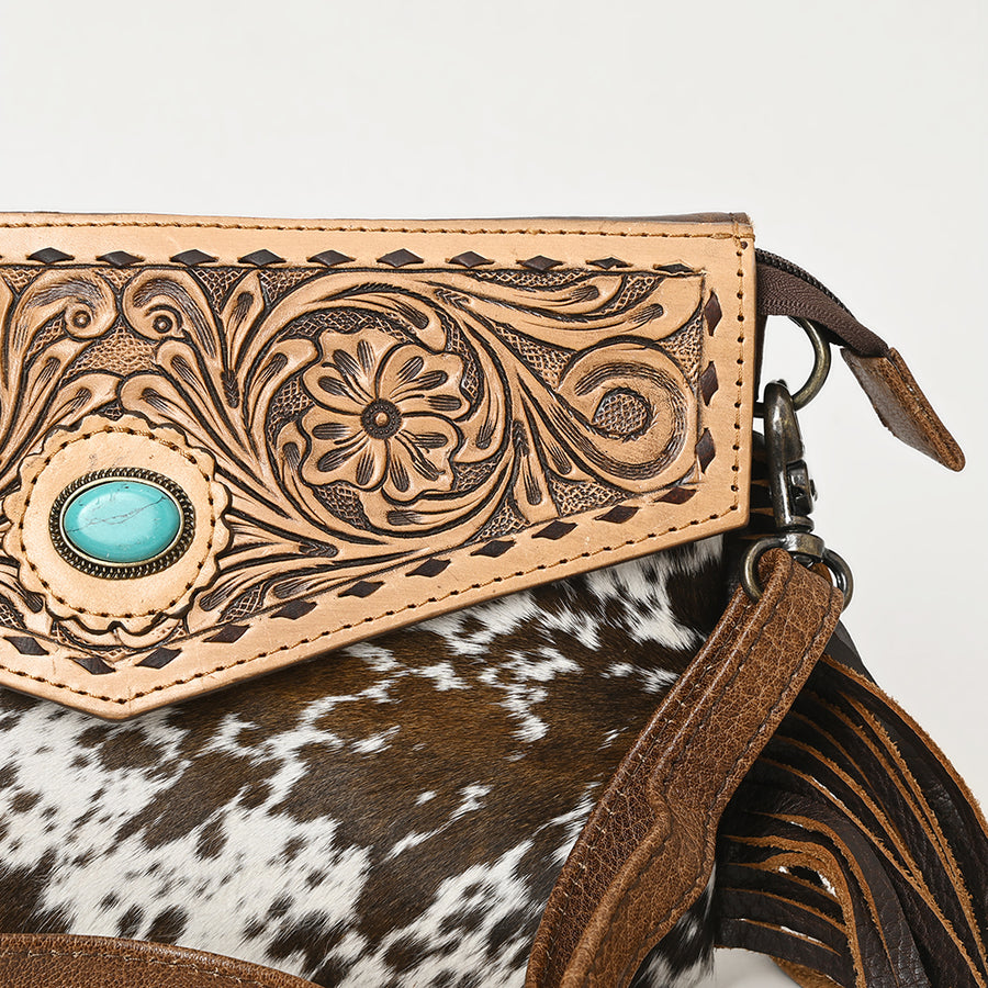 American Darling Western Envelop Bag Handcrafted from Hair-On Cowhide & Hand-Tooled Leather | Long Fringe & Turquoise Concho Accent