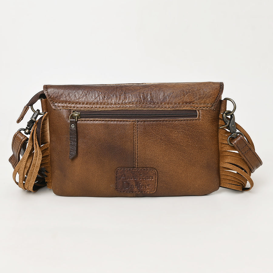 American Darling Western Envelop Bag Handcrafted from Hair-On Cowhide & Hand-Tooled Leather | Long Fringe & Turquoise Concho Accent