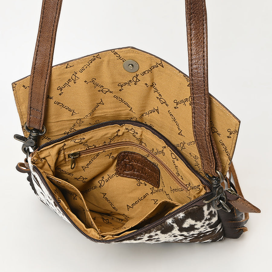 American Darling Western Envelop Bag Handcrafted from Hair-On Cowhide & Hand-Tooled Leather | Long Fringe & Turquoise Concho Accent