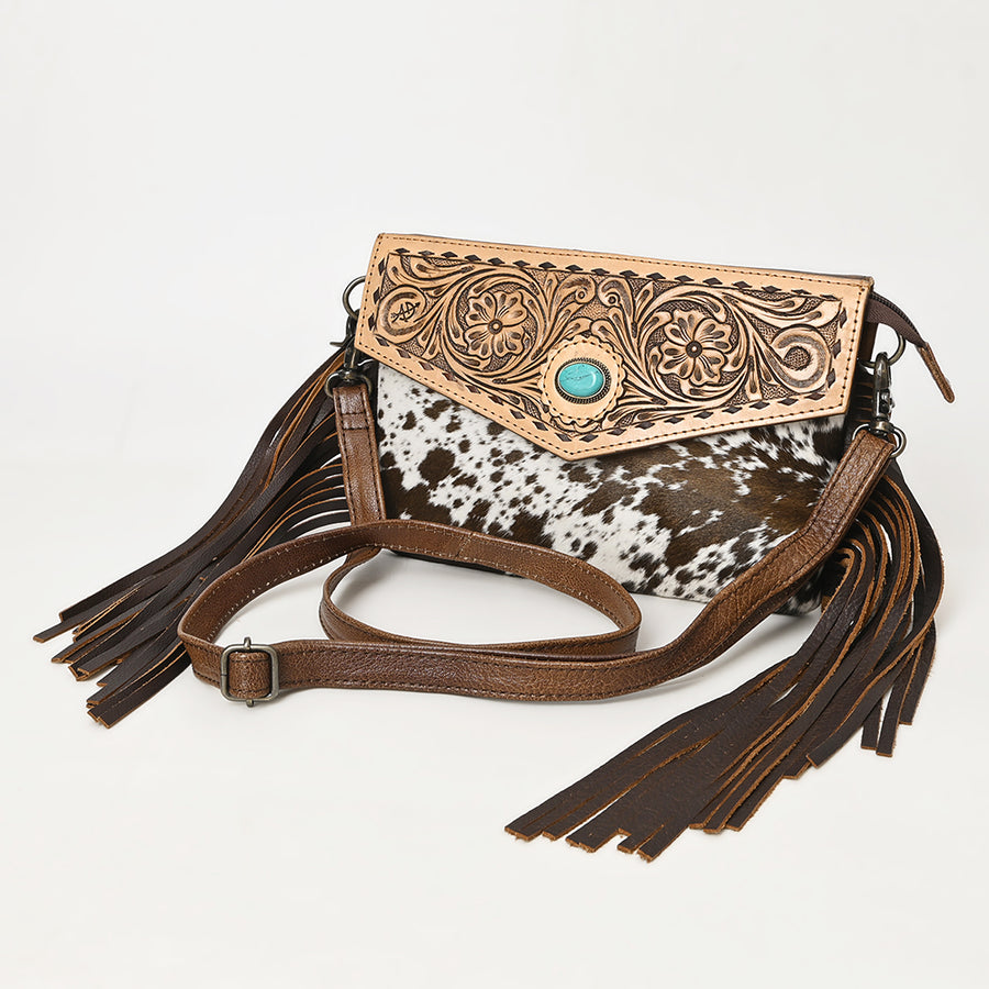 American Darling Cowhide Hand-Tooled Envelop Bag | Fringe Crossbody Purse - Uhorse