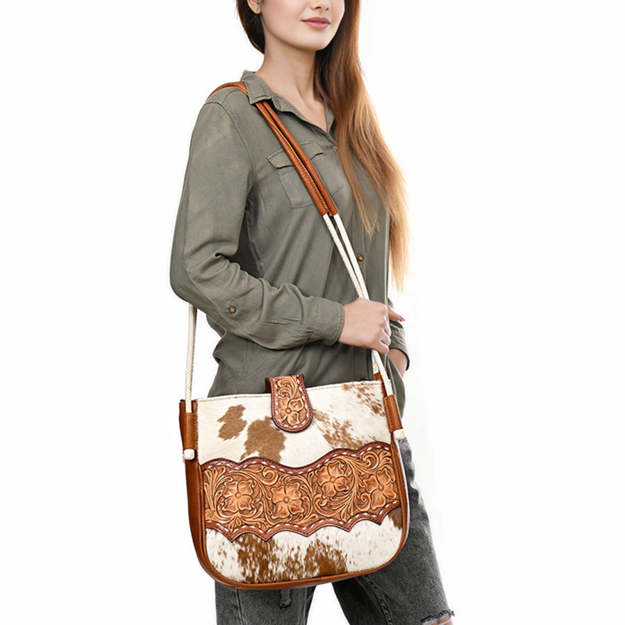 American Darling Cross Body Bag Handcrafted from Hair-On Cowhide & Hand-Tooled Genuine Leather | Floral Carved Accent & Buckstitch Detail