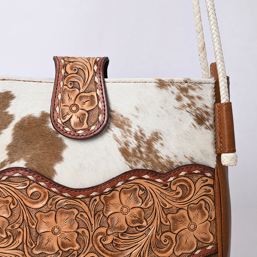 American Darling Cross Body Bag Handcrafted from Hair-On Cowhide & Hand-Tooled Genuine Leather | Floral Carved Accent & Buckstitch Detail