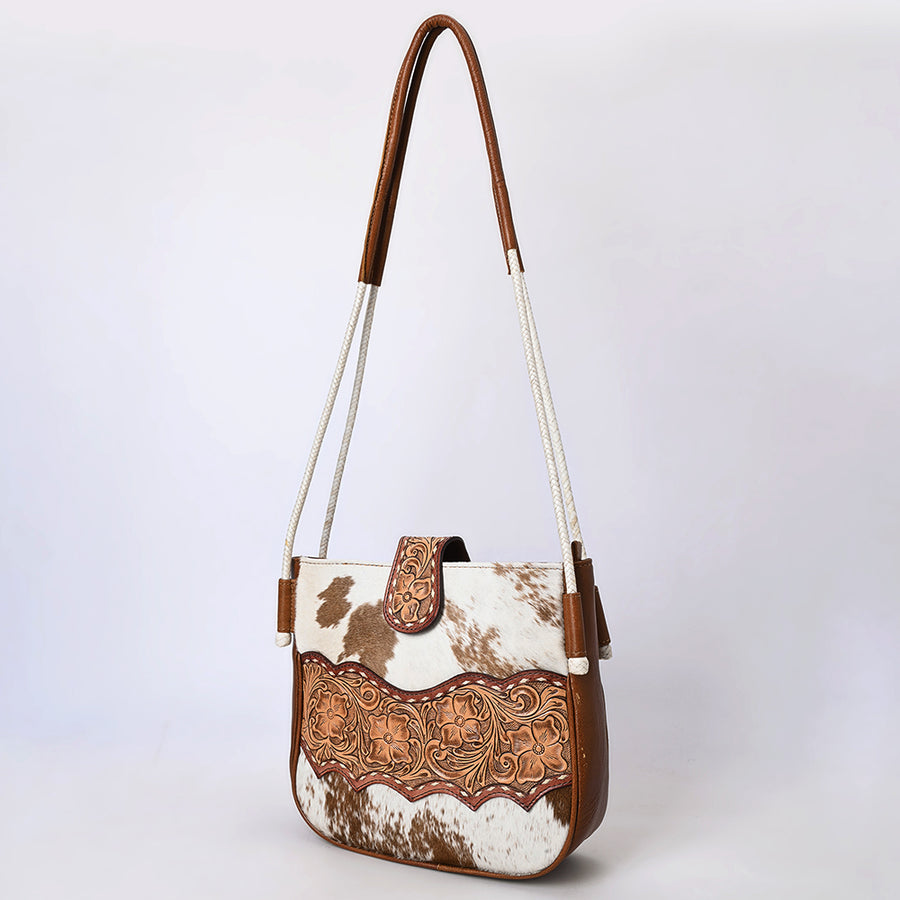 American Darling Cross Body Bag Handcrafted from Hair-On Cowhide & Hand-Tooled Genuine Leather | Floral Carved Accent & Buckstitch Detail