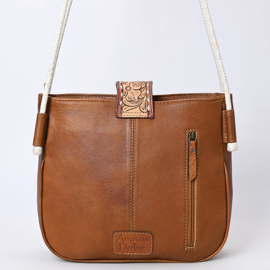 American Darling Cross Body Bag Handcrafted from Hair-On Cowhide & Hand-Tooled Genuine Leather | Floral Carved Accent & Buckstitch Detail