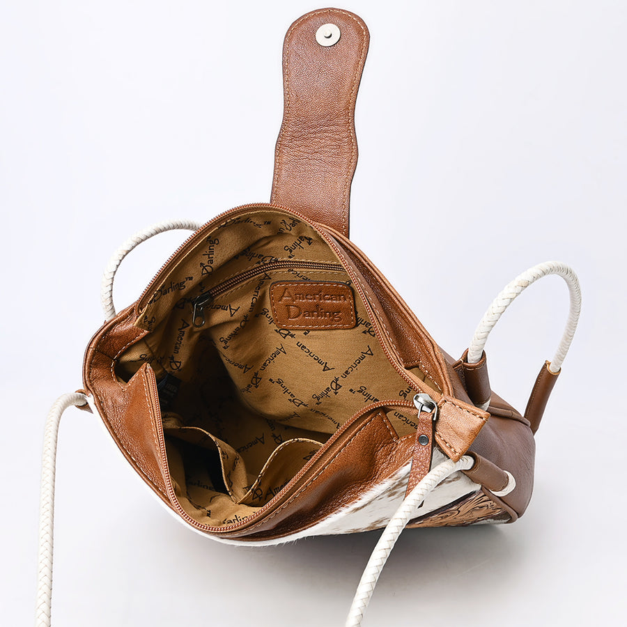 American Darling Cross Body Bag Handcrafted from Hair-On Cowhide & Hand-Tooled Genuine Leather | Floral Carved Accent & Buckstitch Detail
