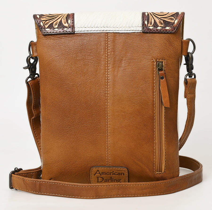 American Darling Cross Body Bag Handcrafted from Hair-On Cowhide & Hand-Tooled Genuine Leather | Floral Carved Flap & Long Tassel