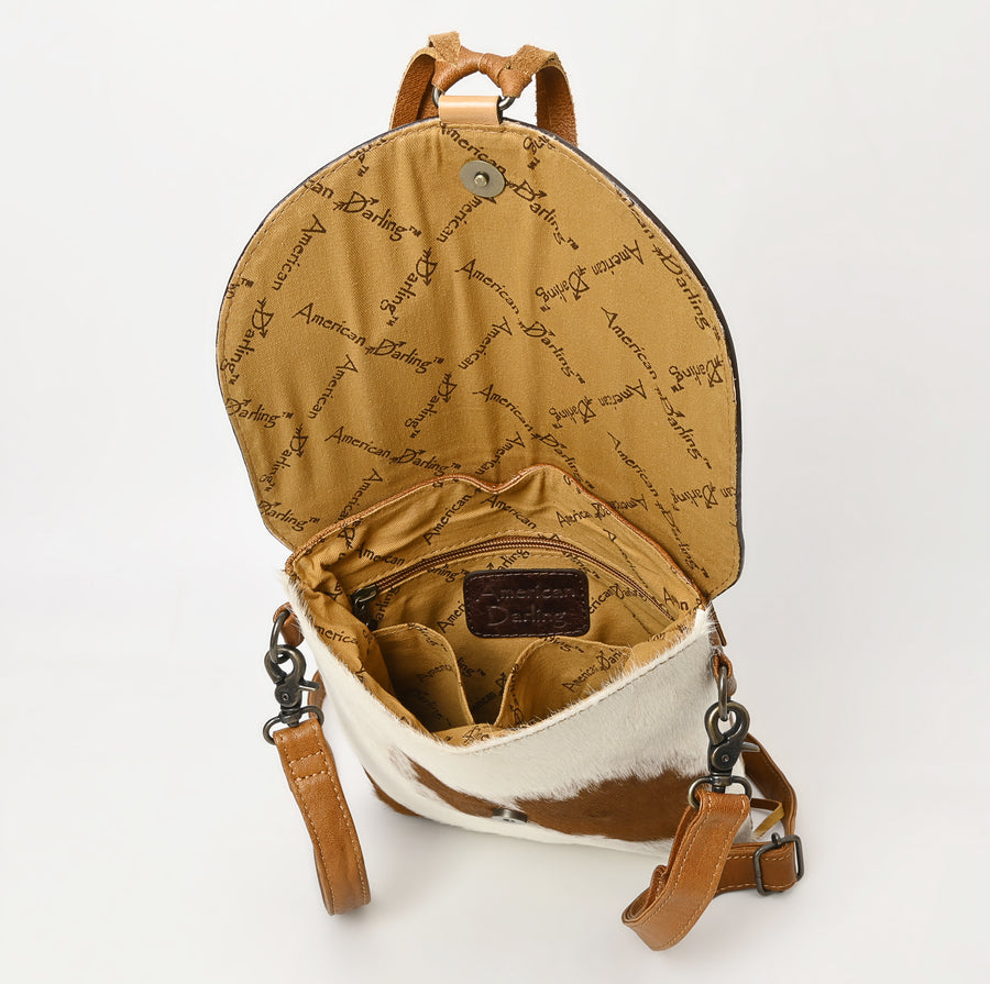 American Darling Cross Body Bag Handcrafted from Hair-On Cowhide & Hand-Tooled Genuine Leather | Floral Carved Flap & Long Tassel