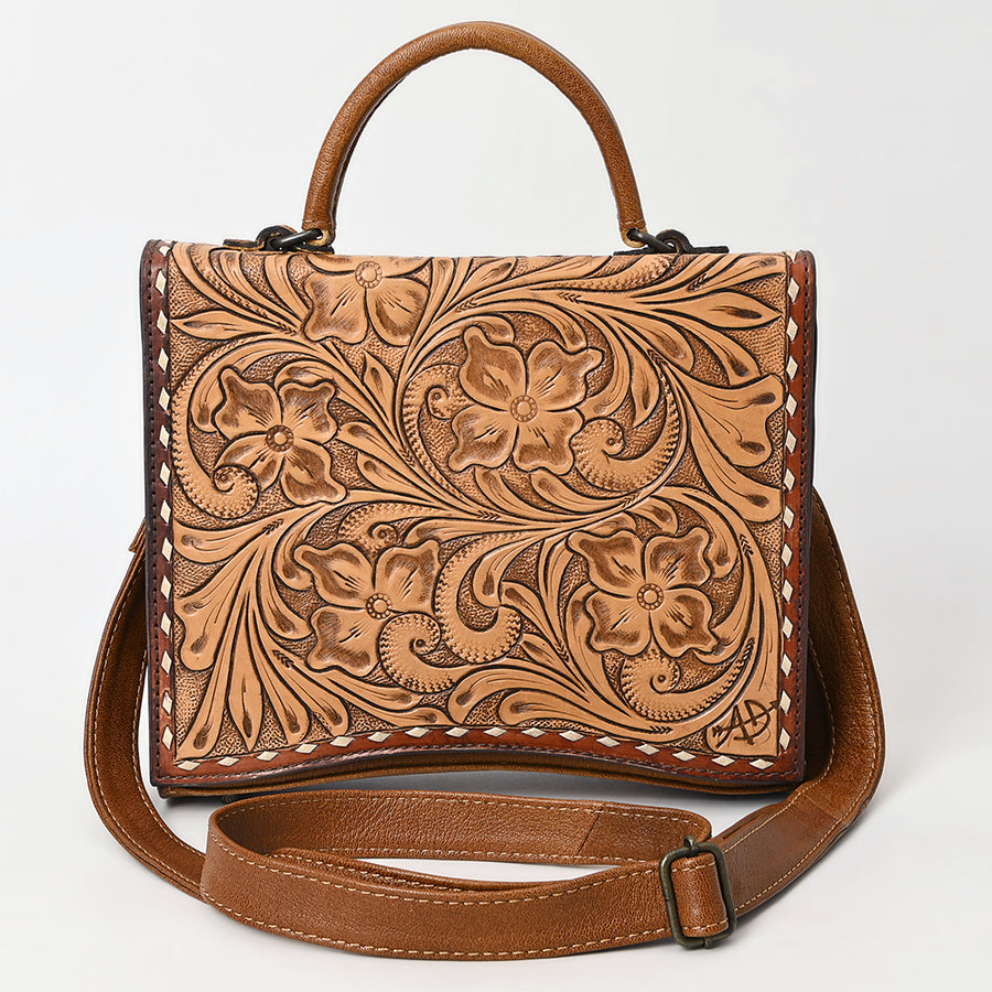American Darling Hand-Tooled Leather Messenger Bag – Floral Carved Vegetable-Tanned Genuine Leather Western Crossbody Purse