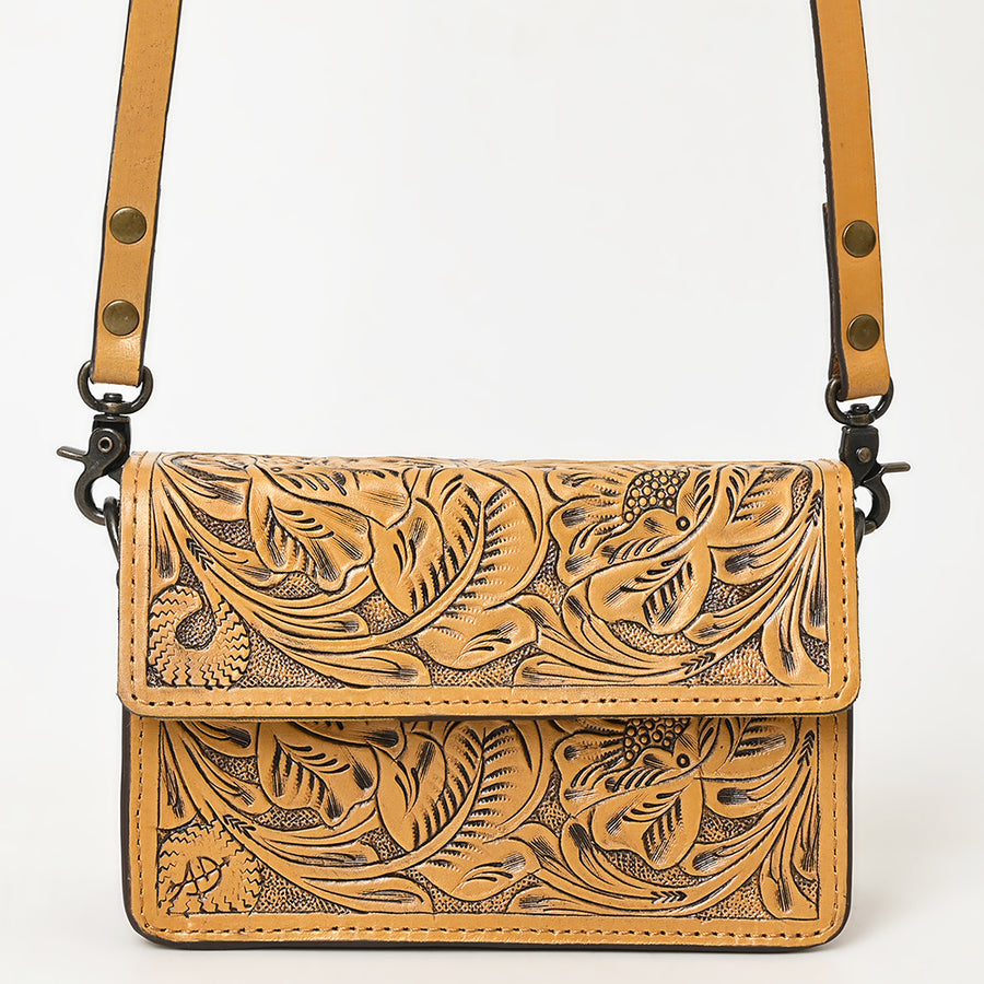 American Darling Hand-Tooled Leather Small Cross Body Bag – Floral Carved Vegetable-Tanned Genuine Leather Western Purse