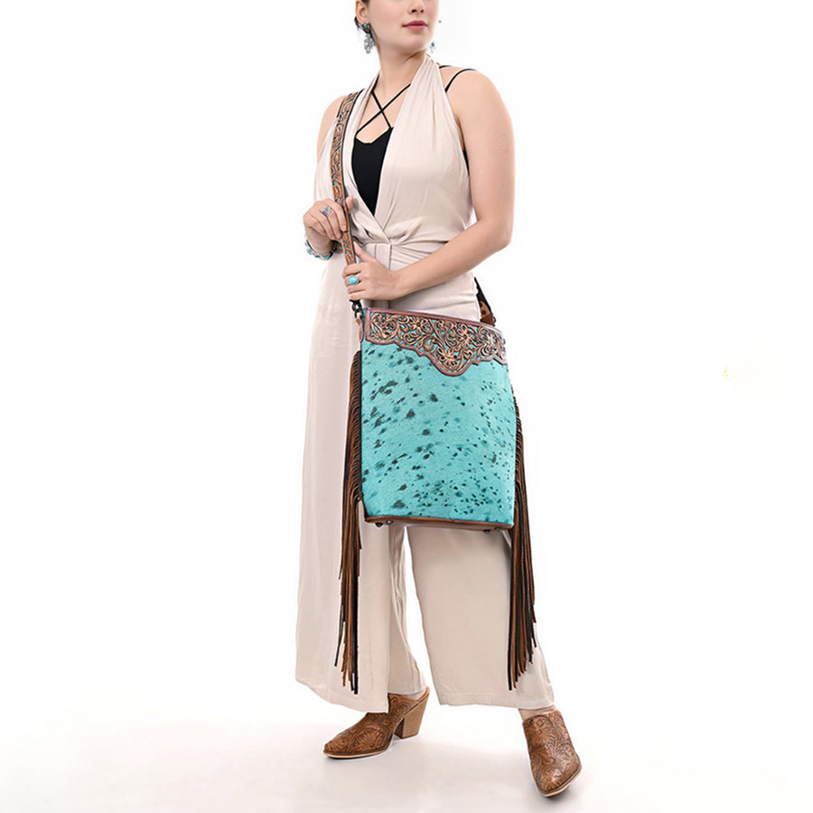 American Darling Hand-Tooled Leather Large Crossbody Bag for Women | Hair-On Cowhide Fringe Western Purse | Full-Grain Leather Crossbody