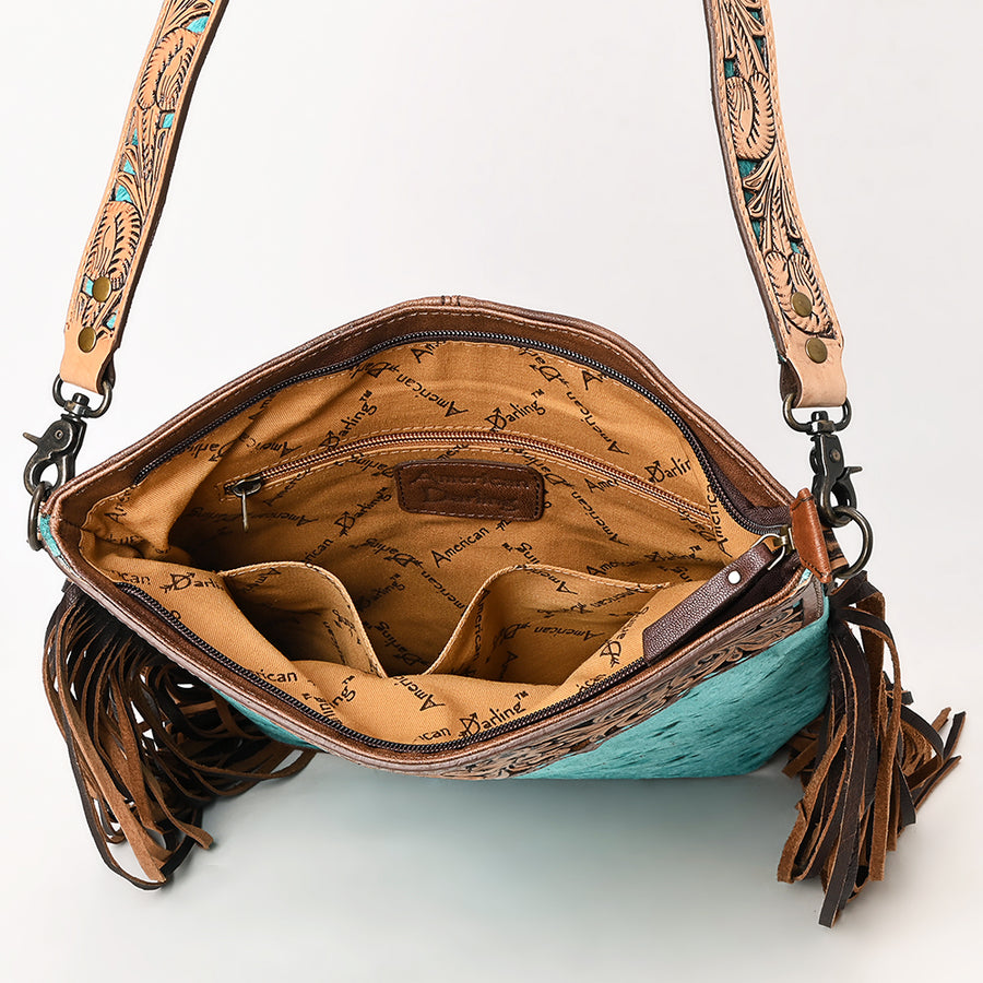 American Darling Hand-Tooled Leather Large Crossbody Bag for Women | Hair-On Cowhide Fringe Western Purse | Full-Grain Leather Crossbody