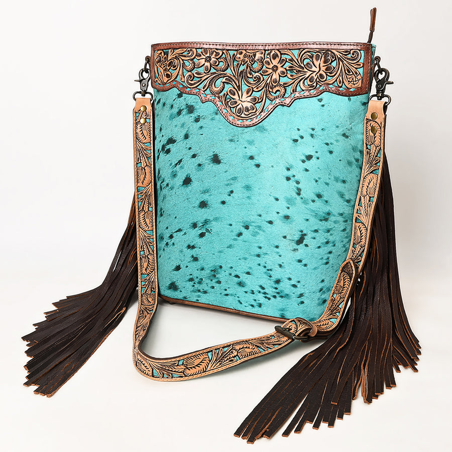 American Darling Hand-Tooled Leather Large Crossbody Bag | Hair-On Cowhide Fringe Purse - Uhorse
