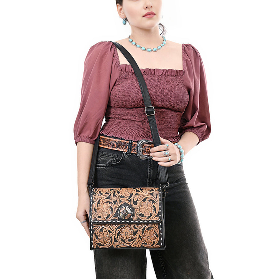 American Darling Hand-Tooled Genuine Leather Small Crossbody Bag | Floral Carved Buckstitched Western Purse | Full-Grain Leather Crossbody