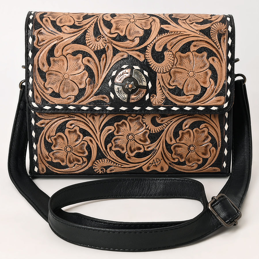 American Darling Hand-Tooled Genuine Leather Small Crossbody Bag | Floral Carved Buckstitched Western Purse | Full-Grain Leather Crossbody