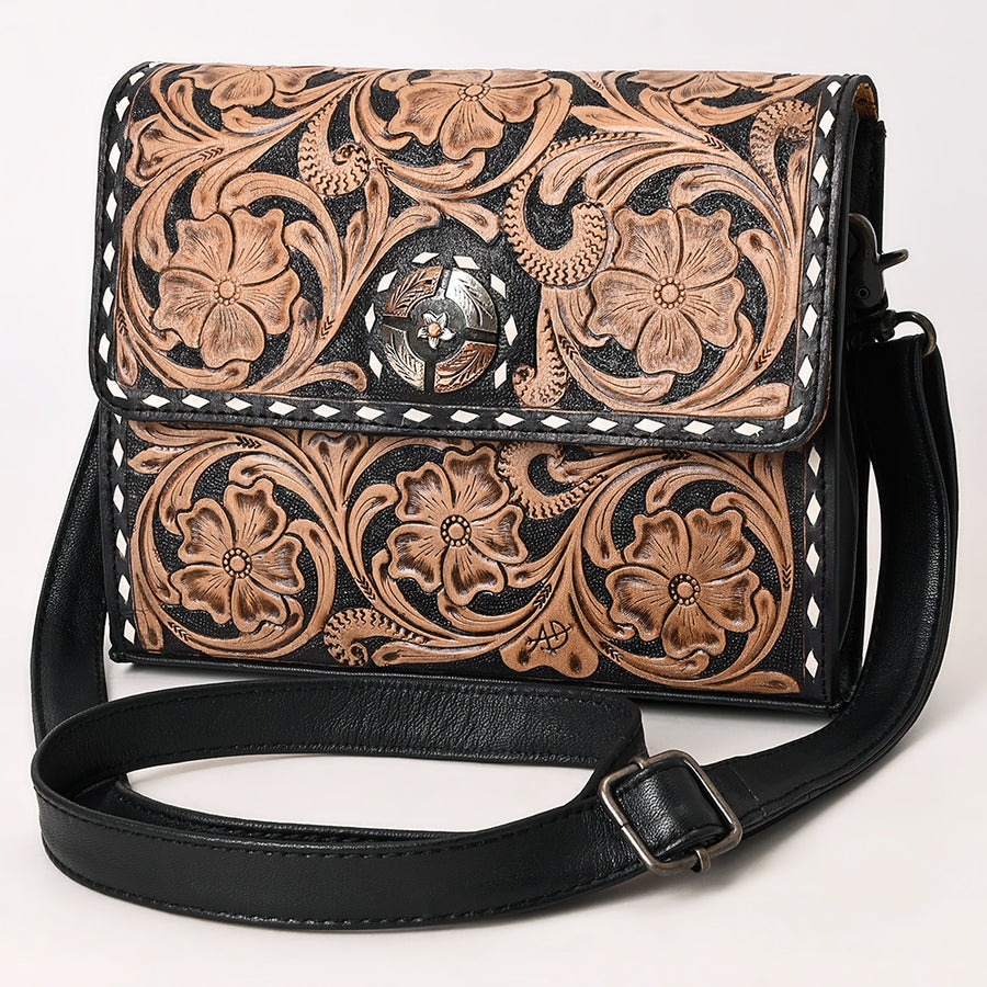 American Darling Hand-Tooled Leather Small Crossbody Bag | Floral Carved Buckstitched Purse - Uhorse
