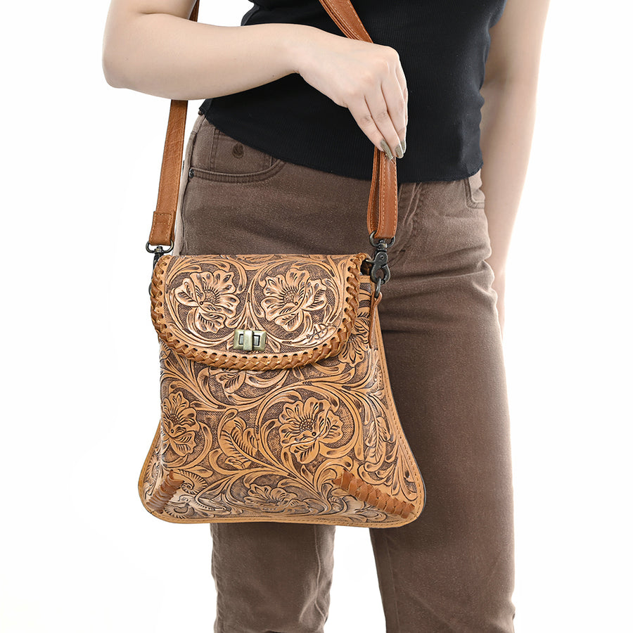 American Darling Hand-Tooled Genuine Leather Crossbody Bag | Floral Carved Full-Grain Western Purse | Everyday Leather Crossbody for Women