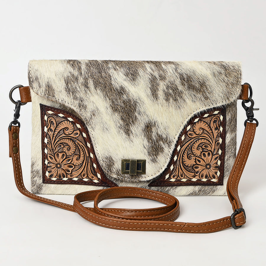 American Darling Hair-On Cowhide Envelope Bag | Hand-Tooled Floral Genuine Leather Western Crossbody | Full-Grain Leather Envelop Purse