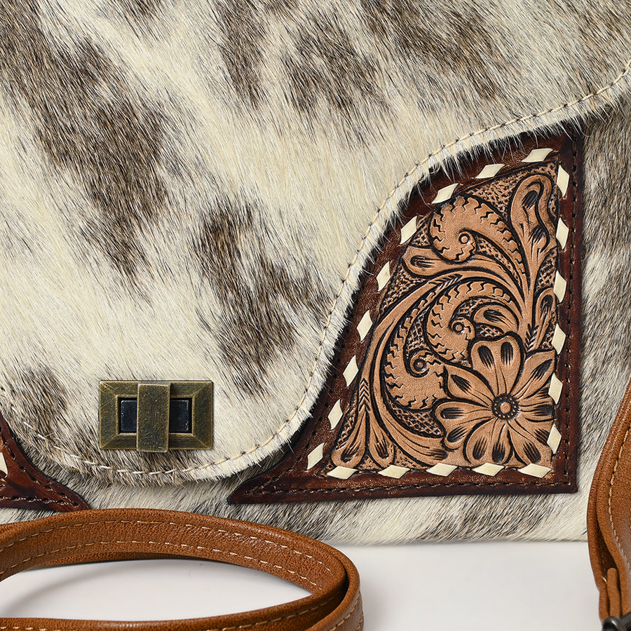 American Darling Hair-On Cowhide Envelope Bag | Hand-Tooled Floral Genuine Leather Western Crossbody | Full-Grain Leather Envelop Purse