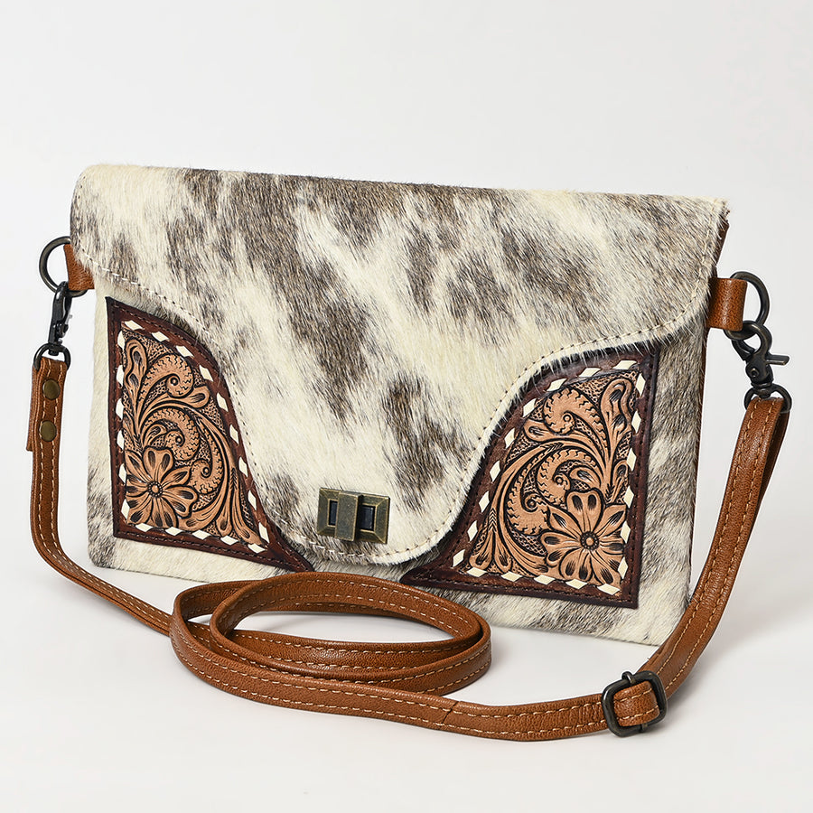 American Darling Hair-on Cowhide Leather Envelope Bag | Hand-Tooled Floral Western Crossbody - Uhorse