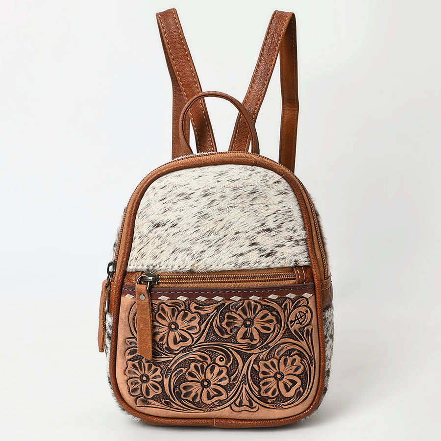 American Darling Western Leather Backpack Bag Hair-On Cowhide Hand-Tooled Floral Genuine Leather Compact Buckstitched Design