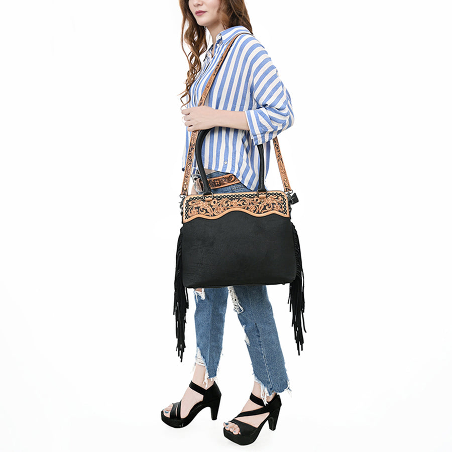 Western Leather Tote Bag with Hand-Tooled Floral Panel Genuine Leather Fringe Tote for Everyday and Travel by American Darling