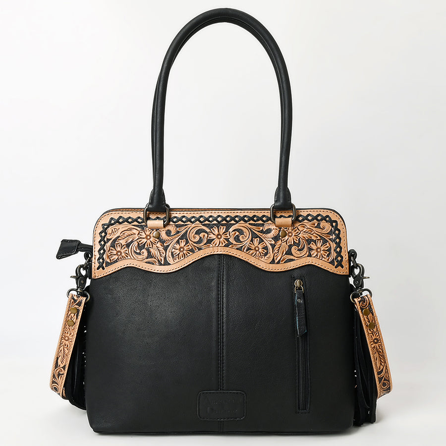 Western Leather Tote Bag with Hand-Tooled Floral Panel Genuine Leather Fringe Tote for Everyday and Travel by American Darling