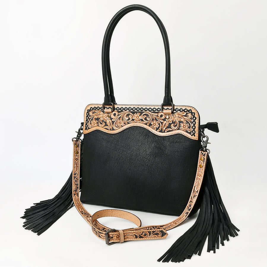 American Darling Western Leather Tote Bag with Hand-Tooled Floral Panel and Fringe Accents - Uhorse
