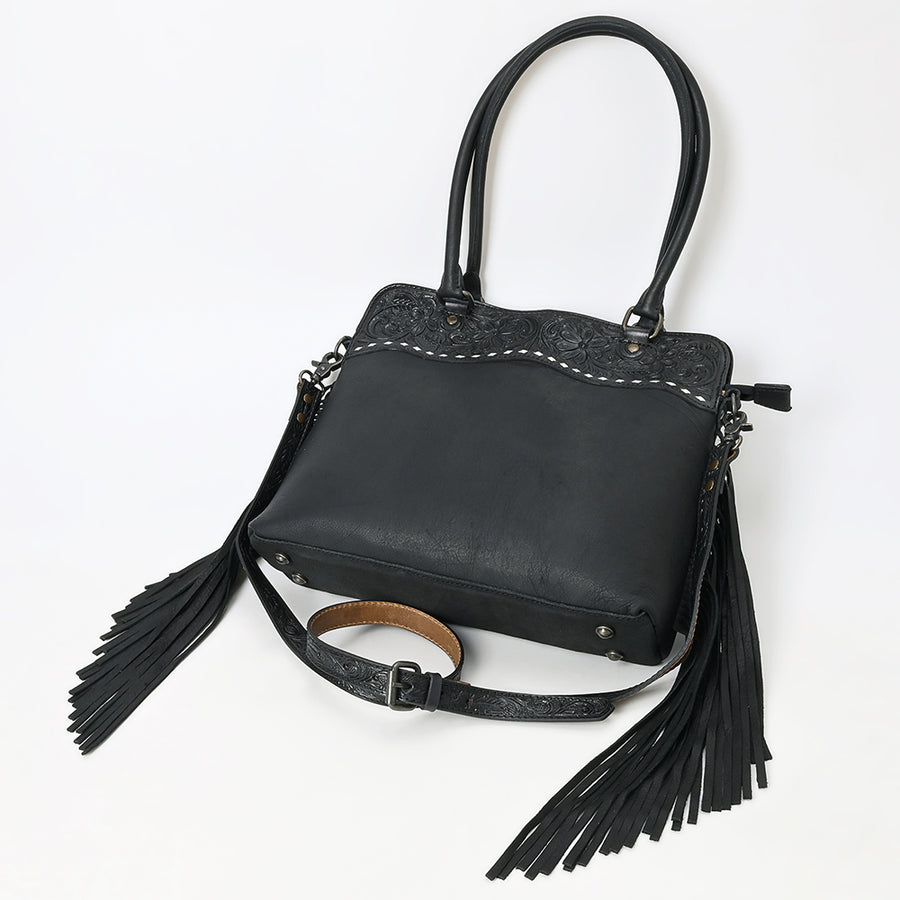 Western Leather Tote Bag with Hand-Tooled Floral Panel Buckstitched Genuine Leather Fringe Tote by American Darling