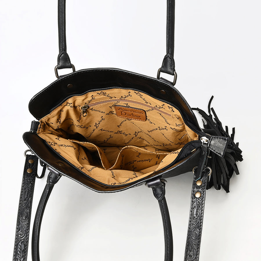 Western Leather Tote Bag with Hand-Tooled Floral Panel Buckstitched Genuine Leather Fringe Tote by American Darling