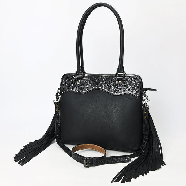 American Leather Western Leather Tote Bag with Hand-Tooled Floral Panel and Fringe Details - Uhorse