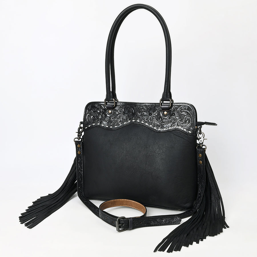 American Leather Western Leather Tote Bag with Hand-Tooled Floral Panel and Fringe Details - Uhorse