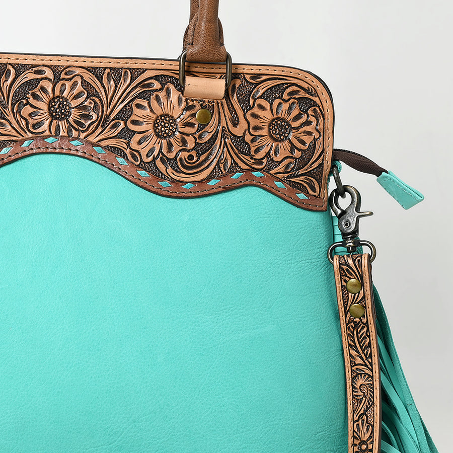 Western Leather Tote Bag with Hand-Tooled Floral Panel Buckstitched Full Grain Leather Fringe Tote by American Darling