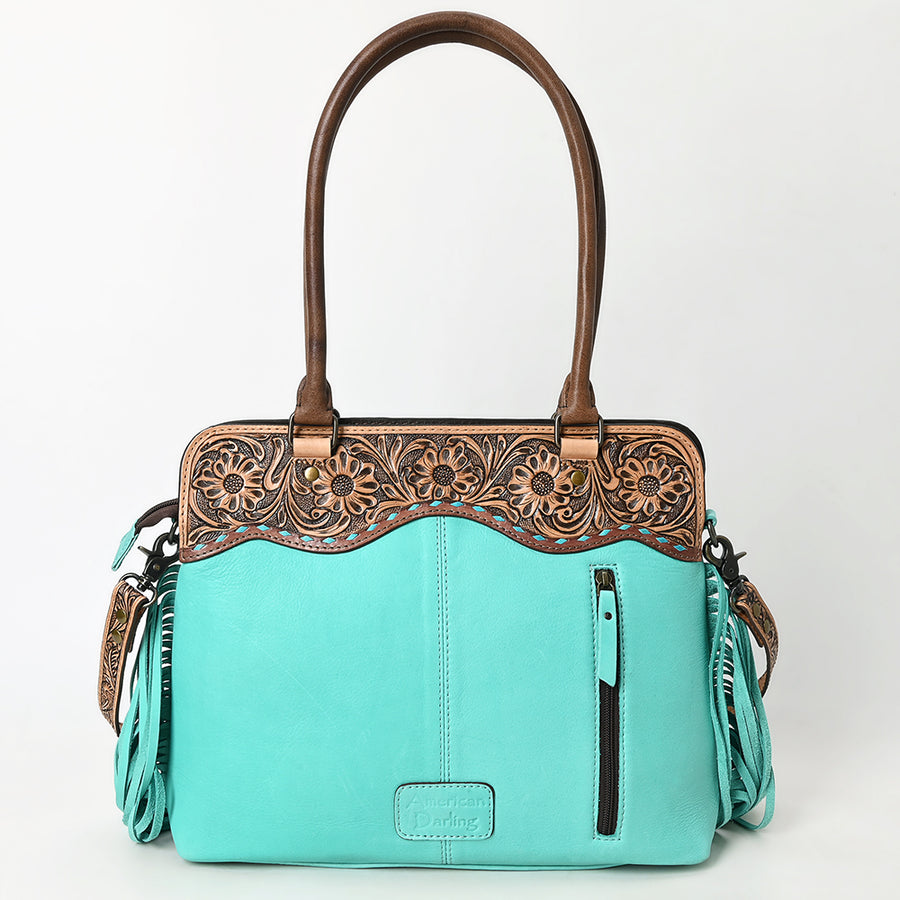 Western Leather Tote Bag with Hand-Tooled Floral Panel Buckstitched Full Grain Leather Fringe Tote by American Darling