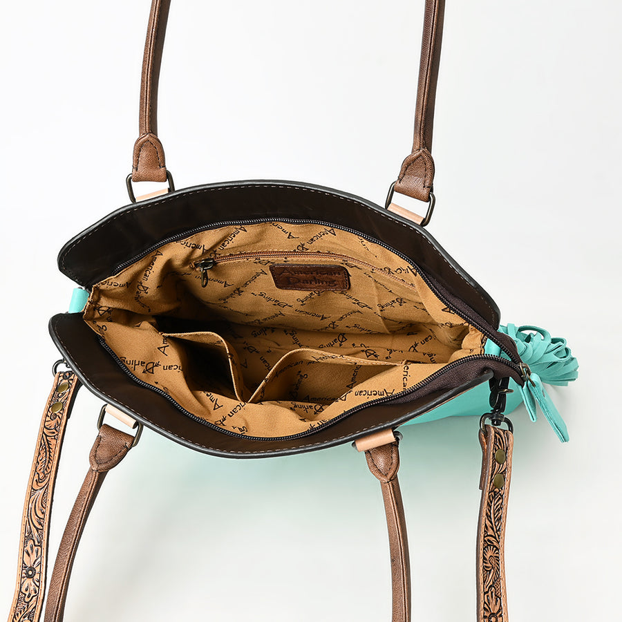 Western Leather Tote Bag with Hand-Tooled Floral Panel Buckstitched Full Grain Leather Fringe Tote by American Darling