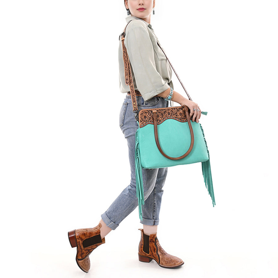 Western Leather Tote Bag with Hand-Tooled Floral Panel Buckstitched Full Grain Leather Fringe Tote by American Darling