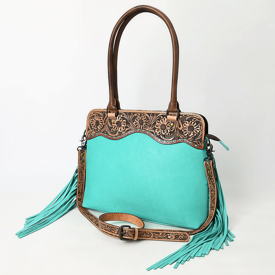 American Darling Western Leather Tote Bag with Hand-Tooled Floral Panel and Fringe Accents - Uhorse