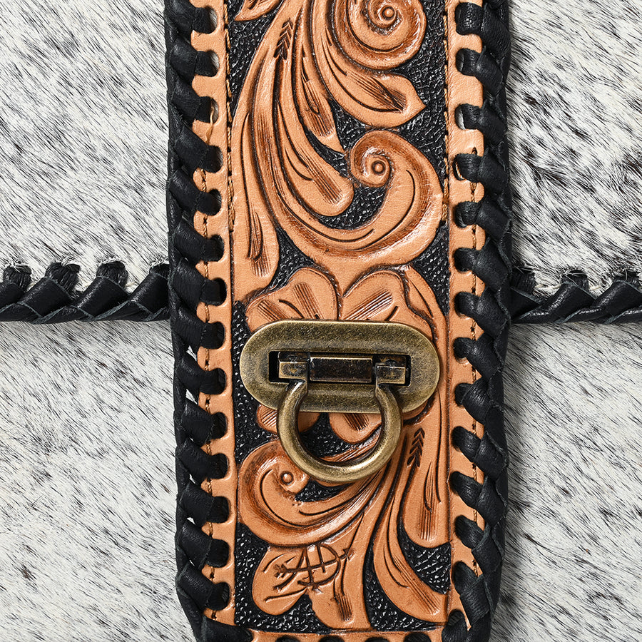 Western Leather Small Cross Body Bag with Hair-On Cowhide Hand-Tooled Floral Panel Buckstitched Genuine Leather by American Darling