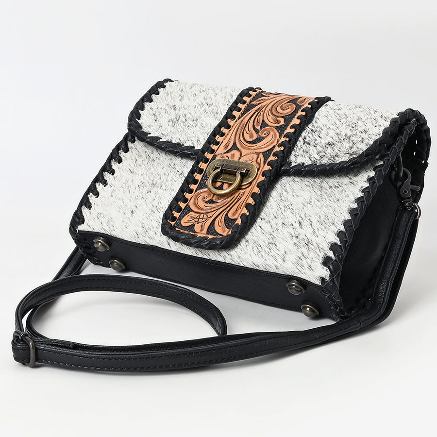 Western Leather Small Cross Body Bag with Hair-On Cowhide Hand-Tooled Floral Panel Buckstitched Genuine Leather by American Darling