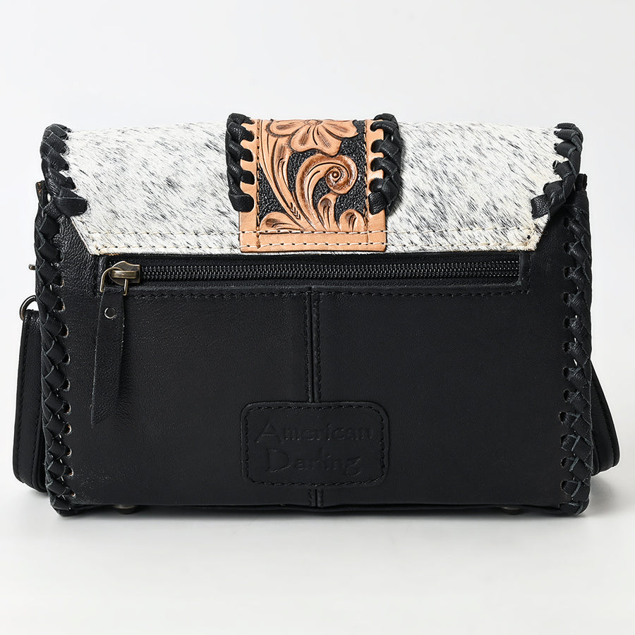 Western Leather Small Cross Body Bag with Hair-On Cowhide Hand-Tooled Floral Panel Buckstitched Genuine Leather by American Darling