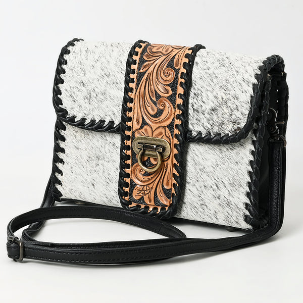 American Darling Western Leather Small Cross Body Bag with Hair-On Cowhide and Tooled Panel - Uhorse